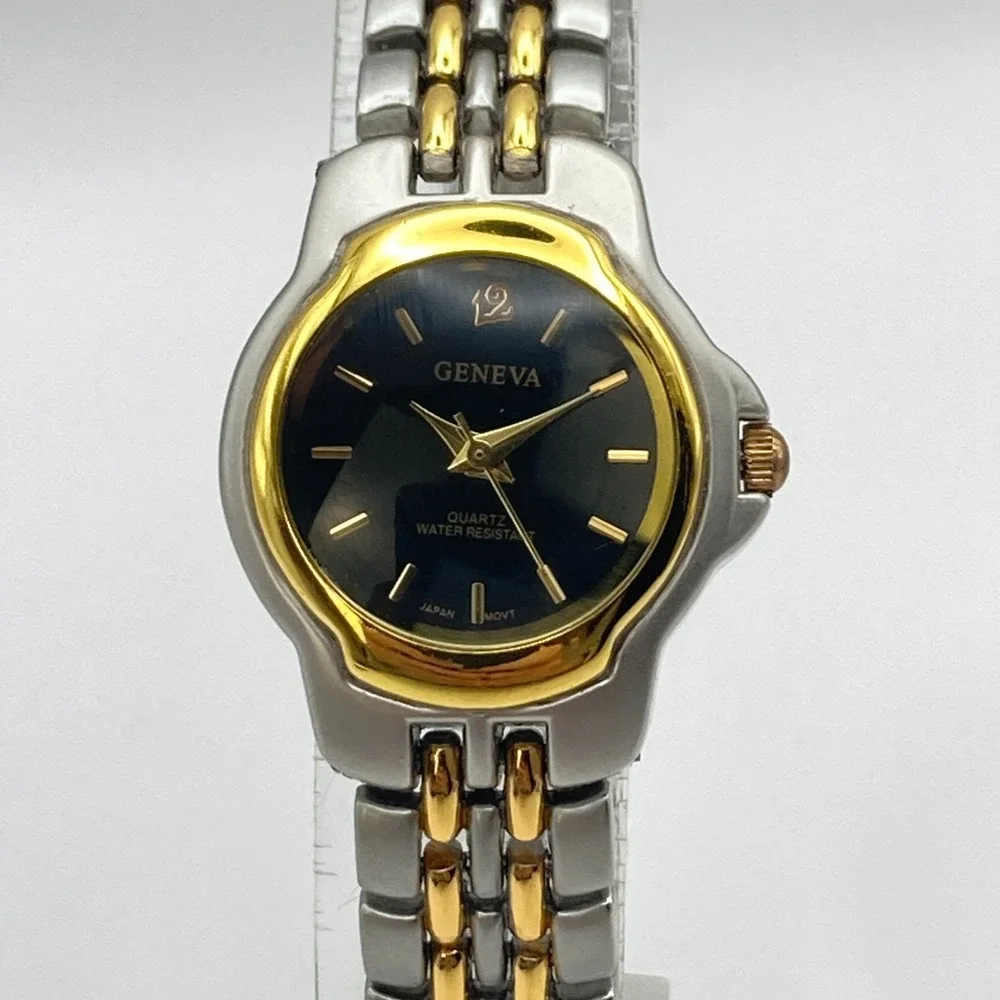 Geneva Women's Watch 24mm Gold Silver Two Tone Black Dial New Battery 7.75